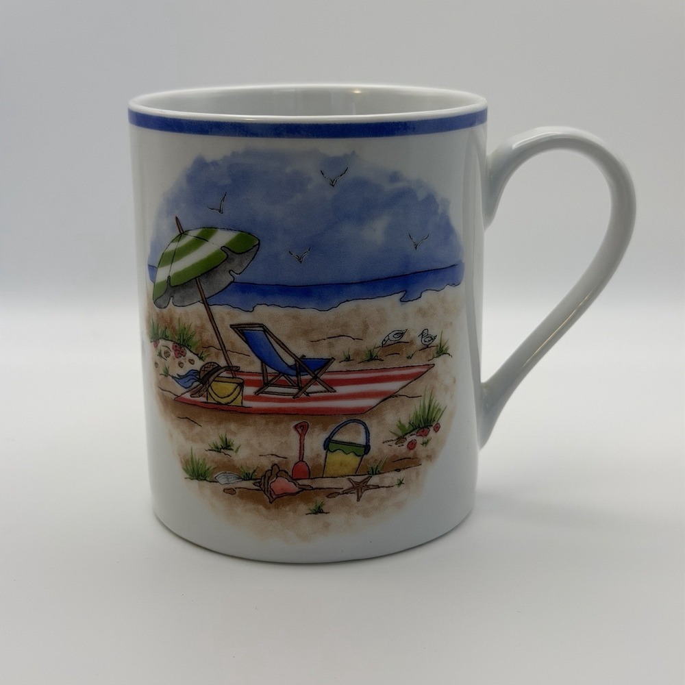 I Godinger‎ & Co Beach Scene Coffee Mug Coastal Ocean Summer Chair Tea Cup